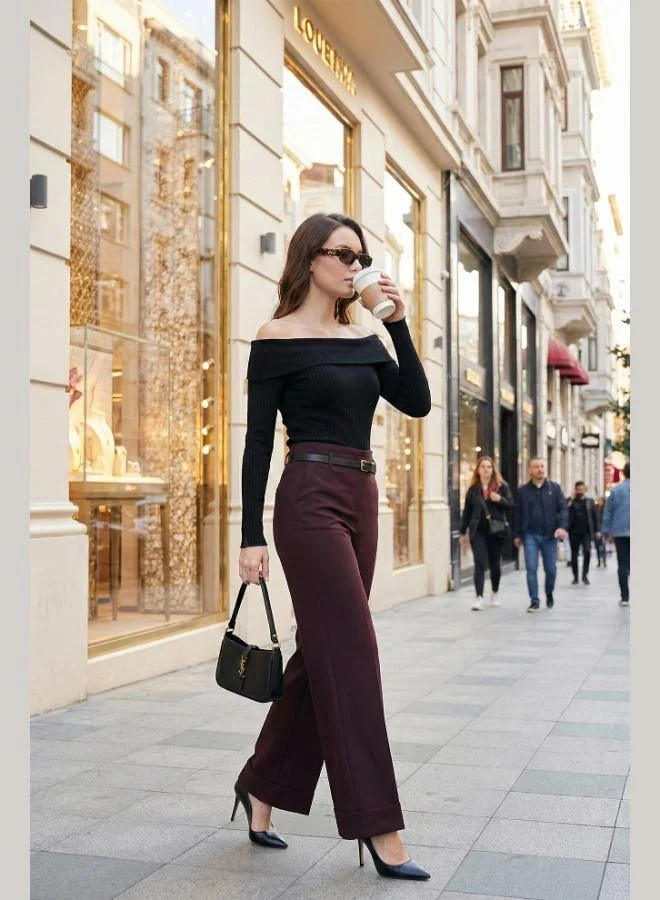 ليلا Lela Wide Leg High Waist Wide Leg Trousers with Rolled Detail and Belt, Women's Pants 6923841